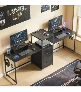 Mesa Gaming Doble de 244 cm con Estación de Carga Puertos USB Soportes para Monitor Cajones de Tela Negro