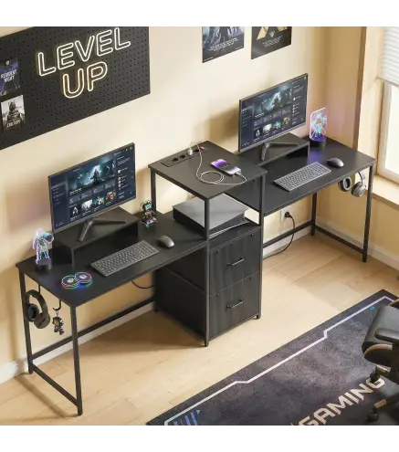 Mesa Gaming Doble de 244 cm con Estación de Carga Puertos USB Soportes para Monitor Cajones de Tela Negro