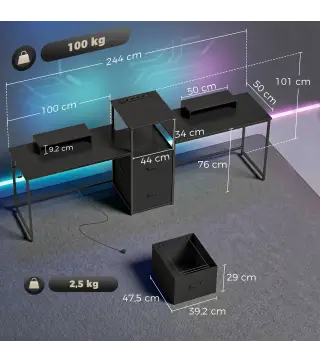 Mesa Gaming Doble de 244 cm con Estación de Carga Puertos USB Soportes para Monitor Cajones de Tela Negro