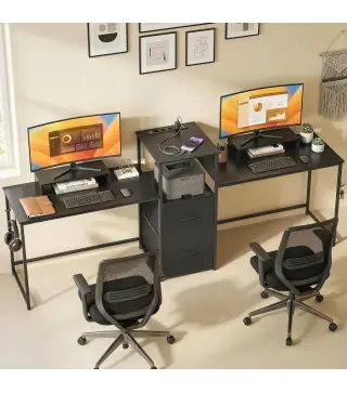 Mesa Gaming Doble de 244 cm con Estación de Carga Puertos USB Soportes para Monitor Cajones de Tela Negro