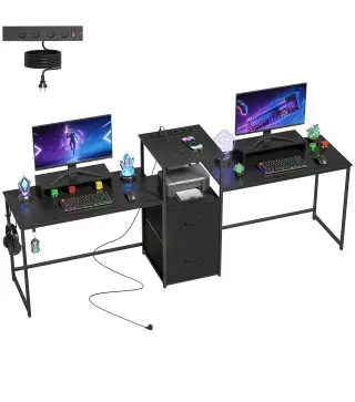 Mesa Gaming Doble de 244 cm con Estación de Carga Puertos USB Soportes para Monitor Cajones de Tela Negro