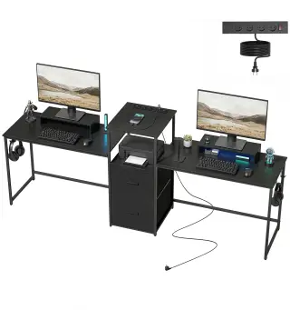 Mesa Gaming Doble de 244 cm con Estación de Carga Puertos USB Soportes para Monitor Cajones de Tela Negro
