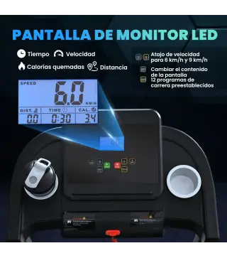 Cinta de Correr para Casa 1-12 KM/H 1,5HP con 12 Programas Ruedas Pantalla LED y Soporte para Móvil para Hogar Oficina