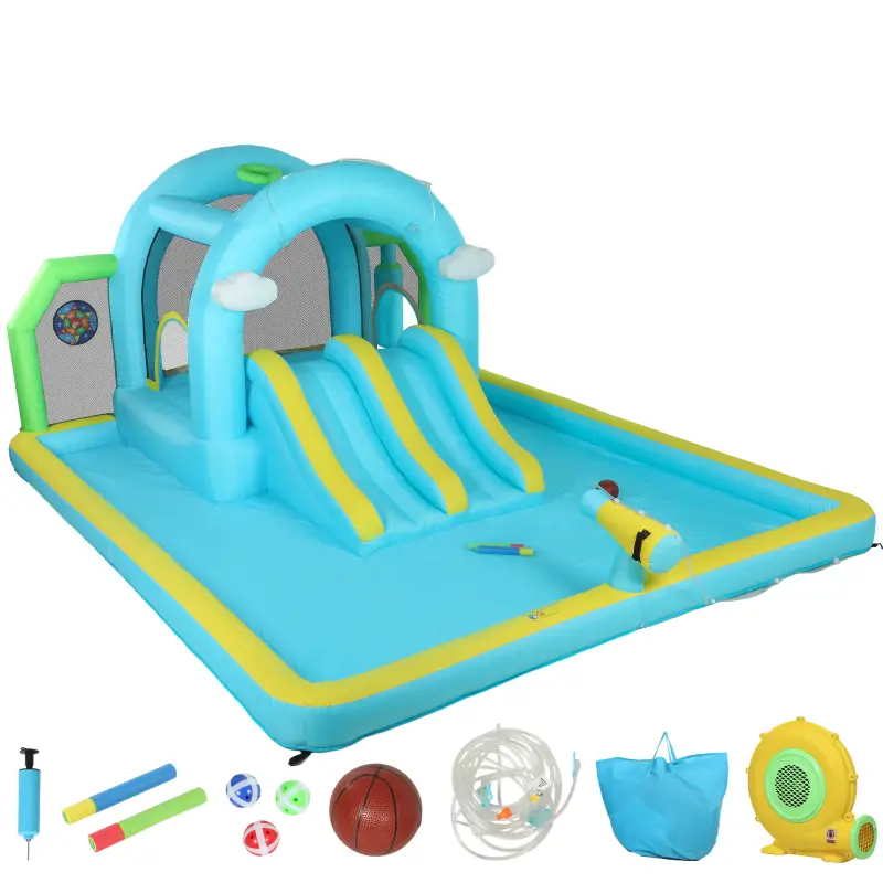 Castillo Hinchable Acuático 7 en 1 con Soplador 2 Toboganes Trampolín Piscina Canasta Columna de Boxeo 426x360x198 cm