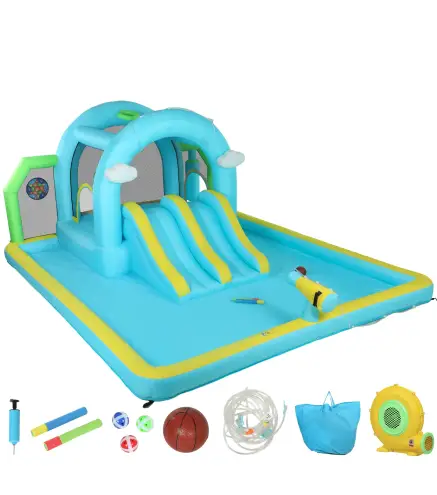 Castillo Hinchable Acuático 7 en 1 con Soplador 2 Toboganes Trampolín Piscina Canasta Columna de Boxeo 426x360x198 cm