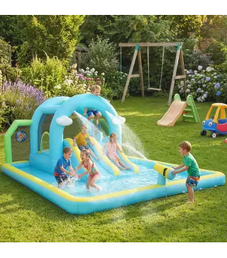 Castillo Hinchable Acuático 7 en 1 con Soplador 2 Toboganes Trampolín Piscina Canasta Columna de Boxeo 426x360x198 cm