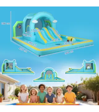 Castillo Hinchable Acuático 7 en 1 con Soplador 2 Toboganes Trampolín Piscina Canasta Columna de Boxeo 426x360x198 cm