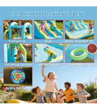 Castillo Hinchable Acuático 7 en 1 con Soplador 2 Toboganes Trampolín Piscina Canasta Columna de Boxeo 426x360x198 cm