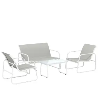 Conjunto Jardín Exterior de 4 Piezas con Sofá de 2 Plazas 2 Sillones Mesa de Vidrio Templado Tela Textilene Gris Claro