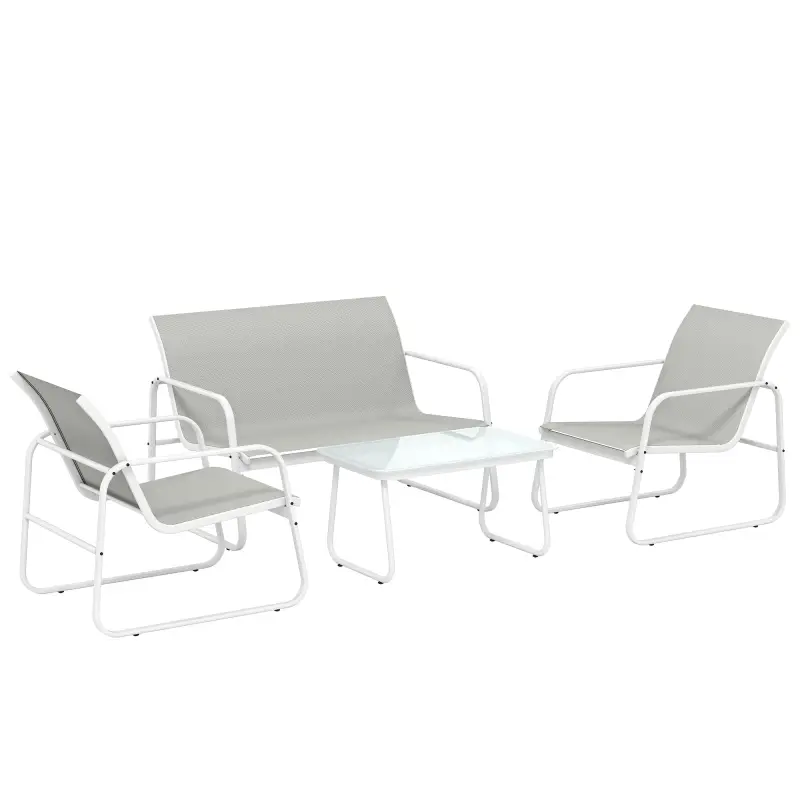 Conjunto Jardín Exterior de 4 Piezas con Sofá de 2 Plazas 2 Sillones Mesa de Vidrio Templado Tela Textilene Gris Claro