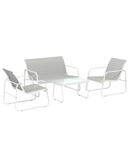 Conjunto Jardín Exterior de 4 Piezas con Sofá de 2 Plazas 2 Sillones Mesa de Vidrio Templado Tela Textilene Gris Claro