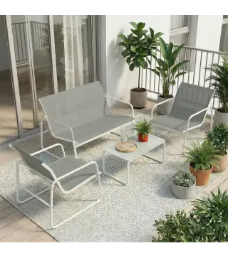 Conjunto Jardín Exterior de 4 Piezas con Sofá de 2 Plazas 2 Sillones Mesa de Vidrio Templado Tela Textilene Gris Claro