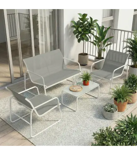 Conjunto Jardín Exterior de 4 Piezas con Sofá de 2 Plazas 2 Sillones Mesa de Vidrio Templado Tela Textilene Gris Claro