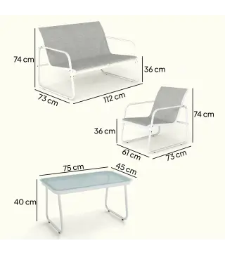 Conjunto Jardín Exterior de 4 Piezas con Sofá de 2 Plazas 2 Sillones Mesa de Vidrio Templado Tela Textilene Gris Claro