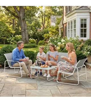 Conjunto Jardín Exterior de 4 Piezas con Sofá de 2 Plazas 2 Sillones Mesa de Vidrio Templado Tela Textilene Gris Claro