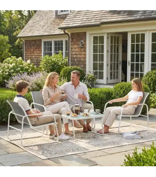 Conjunto Jardín Exterior de 4 Piezas con Sofá de 2 Plazas 2 Sillones Mesa de Vidrio Templado Tela Textilene Gris Claro