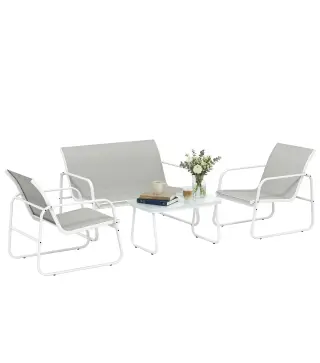 Conjunto Jardín Exterior de 4 Piezas con Sofá de 2 Plazas 2 Sillones Mesa de Vidrio Templado Tela Textilene Gris Claro