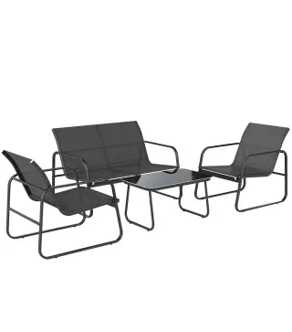 Conjunto Jardín Exterior de 4 Piezas con Sofá de 2 Plazas 2 Sillones Mesa de Vidrio Templado Tela Textilene Gris Oscuro