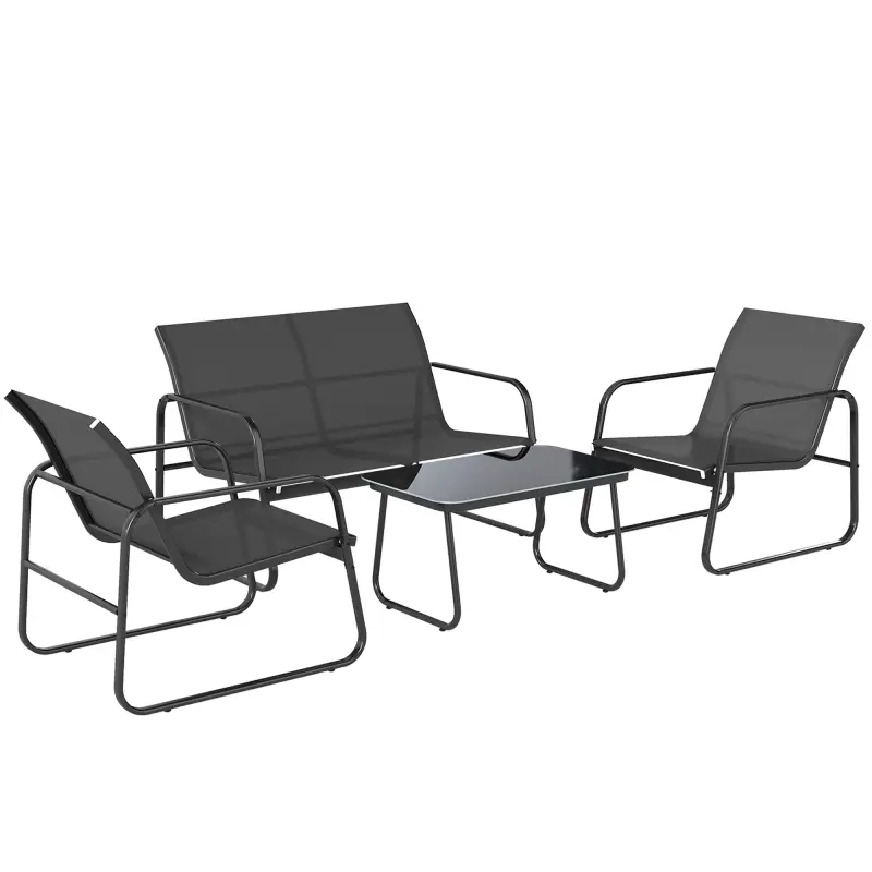 Conjunto Jardín Exterior de 4 Piezas con Sofá de 2 Plazas 2 Sillones Mesa de Vidrio Templado Tela Textilene Gris Oscuro
