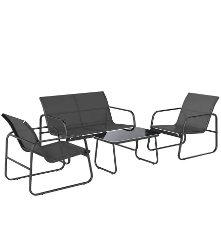 Conjunto Jardín Exterior de 4 Piezas con Sofá de 2 Plazas 2 Sillones Mesa de Vidrio Templado Tela Textilene Gris Oscuro