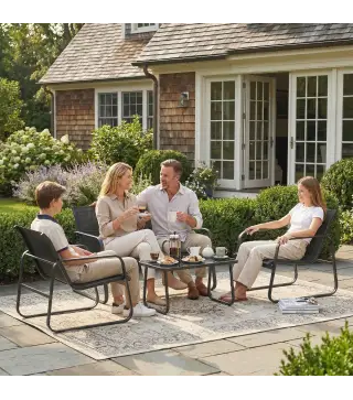 Conjunto Jardín Exterior de 4 Piezas con Sofá de 2 Plazas 2 Sillones Mesa de Vidrio Templado Tela Textilene Gris Oscuro