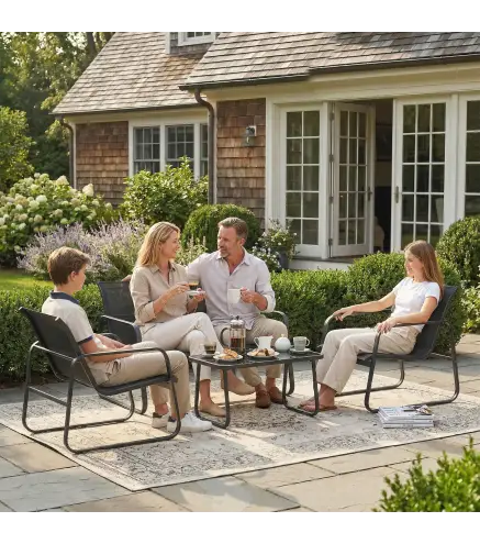 Conjunto Jardín Exterior de 4 Piezas con Sofá de 2 Plazas 2 Sillones Mesa de Vidrio Templado Tela Textilene Gris Oscuro