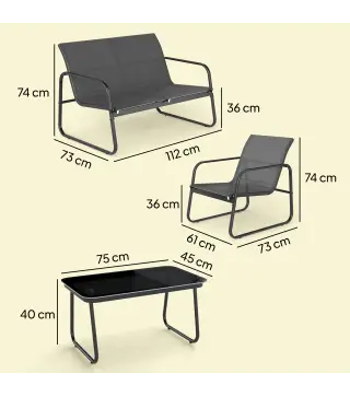 Conjunto Jardín Exterior de 4 Piezas con Sofá de 2 Plazas 2 Sillones Mesa de Vidrio Templado Tela Textilene Gris Oscuro