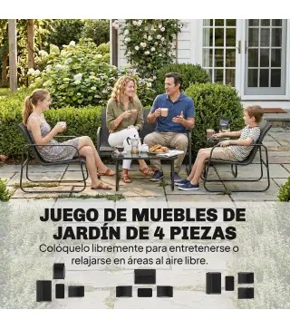 Conjunto Jardín Exterior de 4 Piezas con Sofá de 2 Plazas 2 Sillones Mesa de Vidrio Templado Tela Textilene Gris Oscuro