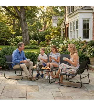 Conjunto Jardín Exterior de 4 Piezas con Sofá de 2 Plazas 2 Sillones Mesa de Vidrio Templado Tela Textilene Gris Oscuro
