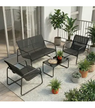 Conjunto Jardín Exterior de 4 Piezas con Sofá de 2 Plazas 2 Sillones Mesa de Vidrio Templado Tela Textilene Gris Oscuro