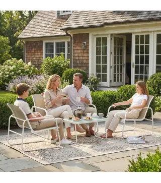 Conjunto Jardín Exterior de 4 Piezas con Sofá de 2 Plazas 2 Sillones Mesa de Vidrio Templado Tela Textilene Caqui