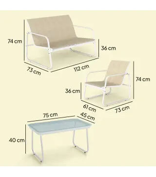 Conjunto Jardín Exterior de 4 Piezas con Sofá de 2 Plazas 2 Sillones Mesa de Vidrio Templado Tela Textilene Caqui