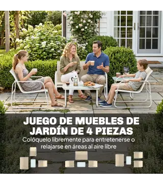 Conjunto Jardín Exterior de 4 Piezas con Sofá de 2 Plazas 2 Sillones Mesa de Vidrio Templado Tela Textilene Caqui