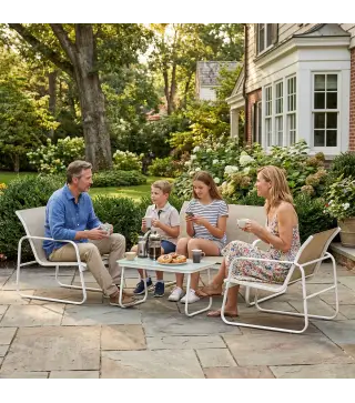 Conjunto Jardín Exterior de 4 Piezas con Sofá de 2 Plazas 2 Sillones Mesa de Vidrio Templado Tela Textilene Caqui