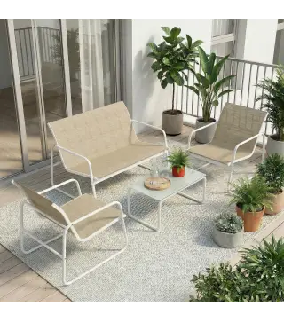 Conjunto Jardín Exterior de 4 Piezas con Sofá de 2 Plazas 2 Sillones Mesa de Vidrio Templado Tela Textilene Caqui