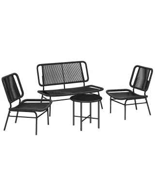 Conjunto de Jardín Exterior de Ratán 4 Piezas Incluye Sofá de 2 Plazas 2 Sillas Mesa de Centro con Tapa Metálica Negro