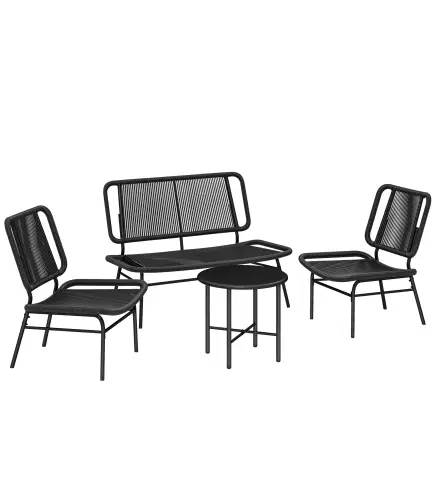 Conjunto de Jardín Exterior de Ratán 4 Piezas Incluye Sofá de 2 Plazas 2 Sillas Mesa de Centro con Tapa Metálica Negro