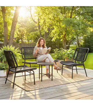Conjunto de Jardín Exterior de Ratán 4 Piezas Incluye Sofá de 2 Plazas 2 Sillas Mesa de Centro con Tapa Metálica Negro