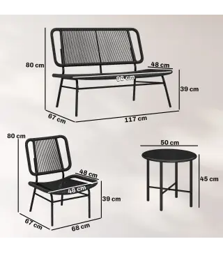 Conjunto de Jardín Exterior de Ratán 4 Piezas Incluye Sofá de 2 Plazas 2 Sillas Mesa de Centro con Tapa Metálica Negro