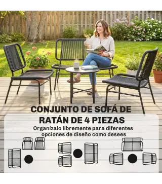 Conjunto de Jardín Exterior de Ratán 4 Piezas Incluye Sofá de 2 Plazas 2 Sillas Mesa de Centro con Tapa Metálica Negro