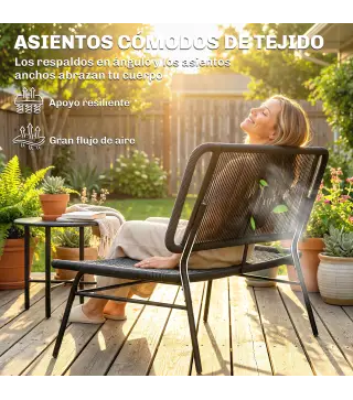 Conjunto de Jardín Exterior de Ratán 4 Piezas Incluye Sofá de 2 Plazas 2 Sillas Mesa de Centro con Tapa Metálica Negro