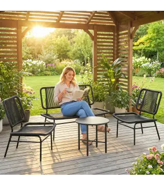 Conjunto de Jardín Exterior de Ratán 4 Piezas Incluye Sofá de 2 Plazas 2 Sillas Mesa de Centro con Tapa Metálica Negro