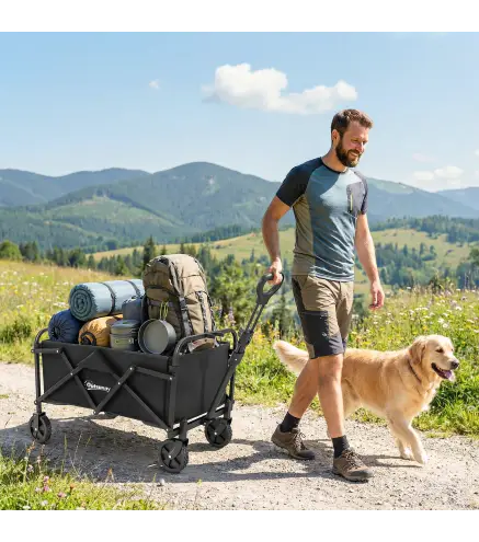 Carro de Jardín Plegable con Ruedas Mango Ajustable Carga 68 kg para Campaña Compra 81x45x89 cm Negro