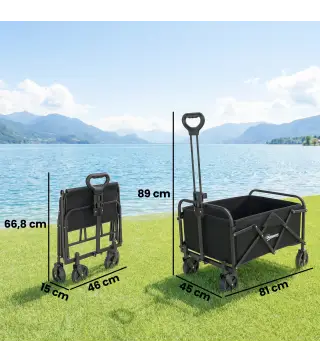 Carro de Jardín Plegable con Ruedas Mango Ajustable Carga 68 kg para Campaña Compra 81x45x89 cm Negro