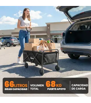 Carro de Jardín Plegable con Ruedas Mango Ajustable Carga 68 kg para Campaña Compra 81x45x89 cm Negro