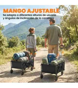 Carro de Jardín Plegable con Ruedas Mango Ajustable Carga 68 kg para Campaña Compra 81x45x89 cm Negro