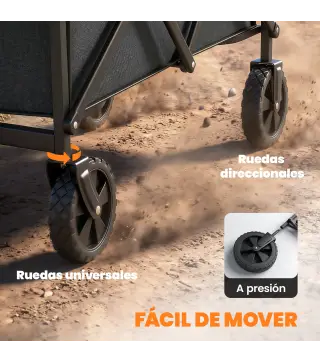 Carro de Jardín Plegable con Ruedas Mango Ajustable Carga 68 kg para Campaña Compra 81x45x89 cm Negro