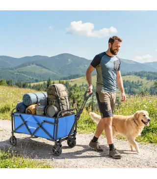 Carro de Jardín Plegable con Ruedas Mango Ajustable Carga 68 kg para Campaña Compra 81x45x89 cm Azul