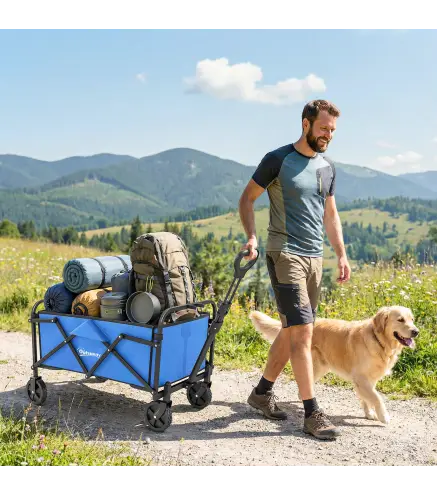 Carro de Jardín Plegable con Ruedas Mango Ajustable Carga 68 kg para Campaña Compra 81x45x89 cm Azul