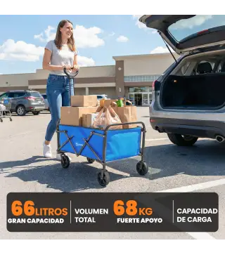 Carro de Jardín Plegable con Ruedas Mango Ajustable Carga 68 kg para Campaña Compra 81x45x89 cm Azul